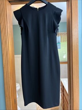 Calvin Klein Black Ruffle-Shoulder Sheath Midi Dress Size 8 NWT $134